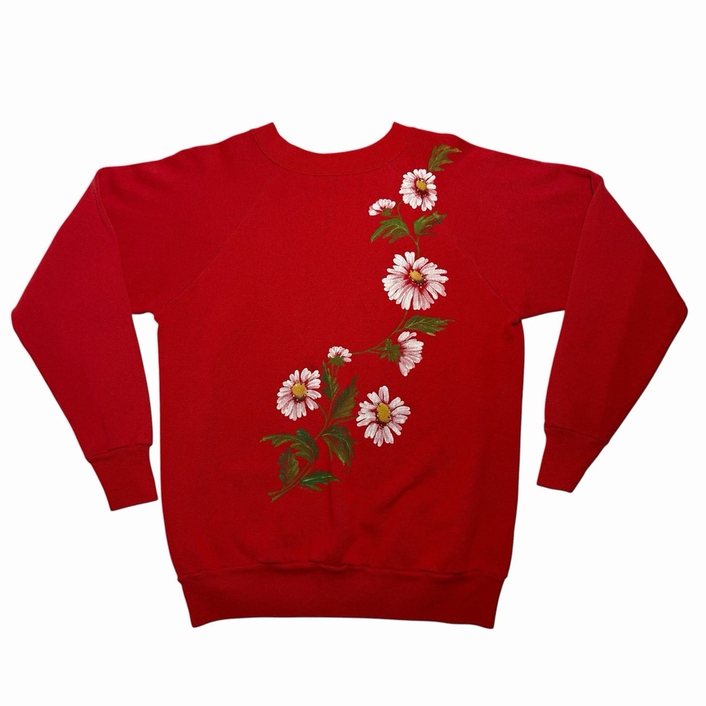 Vintage Red Daisy Floral Sweatshirt Hand Painted Raglan Crewneck Pullover M L